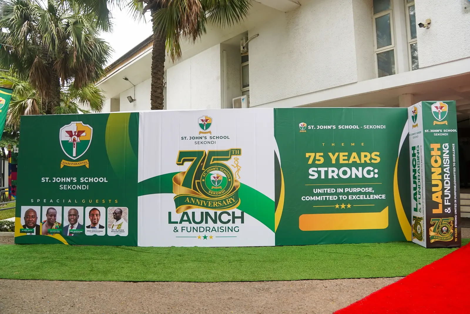 The 75 Years Strong launch and fundraising banner at St. John&rsquo;s School, Sekondi